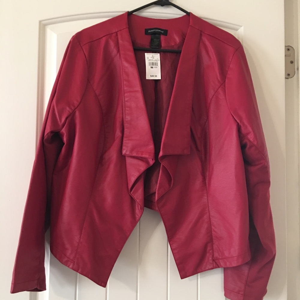 Red faux leather open front blazer